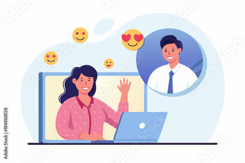 Virtual meeting with colleagues a woman waving at a man on a laptop screen