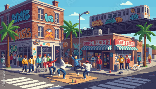 Lively pixel art urban street scene depicts breakdancers performing on a cardboard mat while an elevated subway train passes above graffiti-covered buildings and onlookers