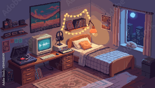 Cozy pixel art bedroom at night is illuminated by warm string lights, featuring a desk with a vintage computer, turntable, synthesizer, a comfortable bed, and a cat on the windowsill