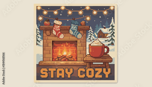 Cozy pixel art fireplace scene features two festive stockings hanging from the mantelpiece, a warm fire burning, and a mug of hot cocoa on a stool, with "STAY COZY" text