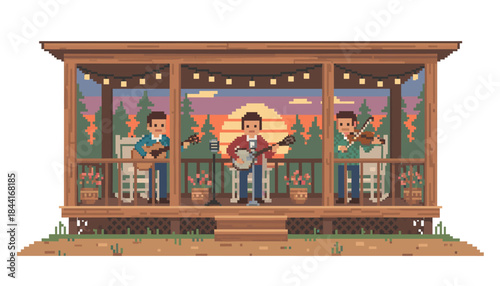 Three pixel art male musicians playing acoustic instruments on a charming rustic wooden porch adorned with string lights, set against a vibrant sunset forest