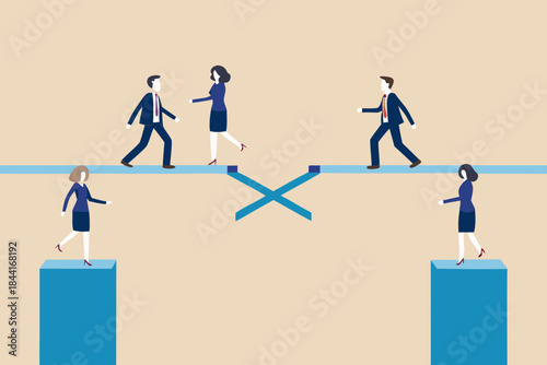 Business people navigating uncertainty and risk crossing gaps with collaboration