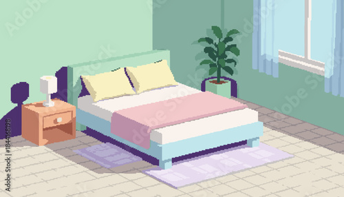 Cozy pixel art bedroom interior displays a light blue bed with yellow pillows and a pink blanket, a peach nightstand, a lamp, and a green potted plant, all rendered in a charming retro style