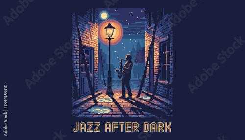 Lone musician plays a saxophone under a glowing street lamp in a dark, atmospheric pixel art alleyway, with moonlight and reflections on the wet cobblestone street, melancholic mood