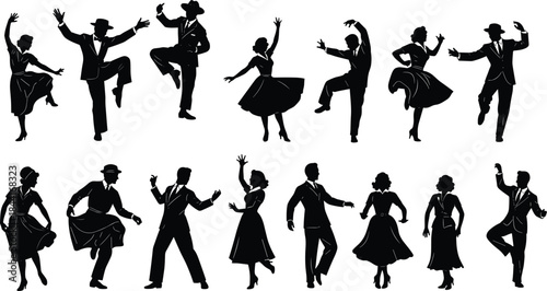 Vintage swing dance silhouettes collection isolated on white background, retro couples dancing jazz and lindy hop poses for illustration projects