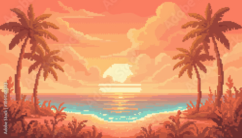 Pixel art tropical beach scene with palm trees silhouetted against a warm orange sunset reflecting on the calm ocean water in a retro 8-bit video game style