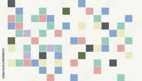 Abstract geometric pattern of colorful pastel squares arranged in a random, scattered mosaic design, creating a modern minimalist digital art composition with a pixelated texture