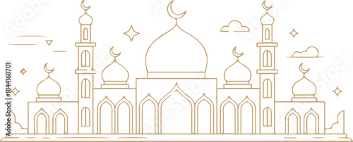 mosque minimalist islamic vector with domes, minarets and crescent moon