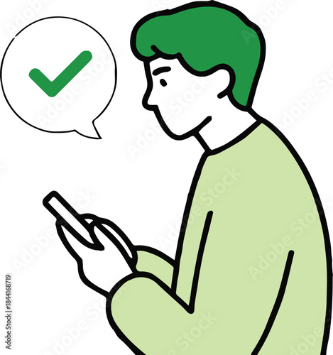 smartphone user with green checkmark bubble confirming mobile action