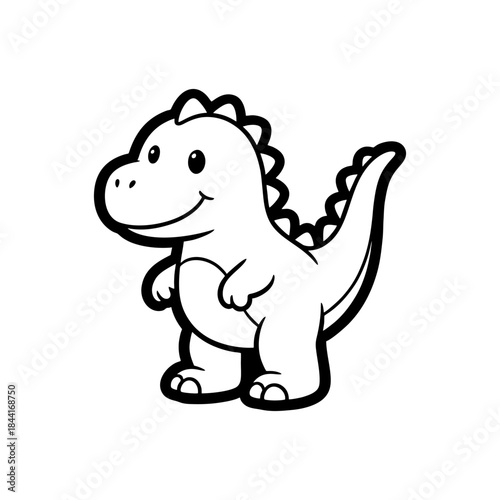 Cute hand-drawn cartoon dinosaur illustration in black and white, featuring a friendly prehistoric creature. Ideal for children's books, educational content, and playful branding