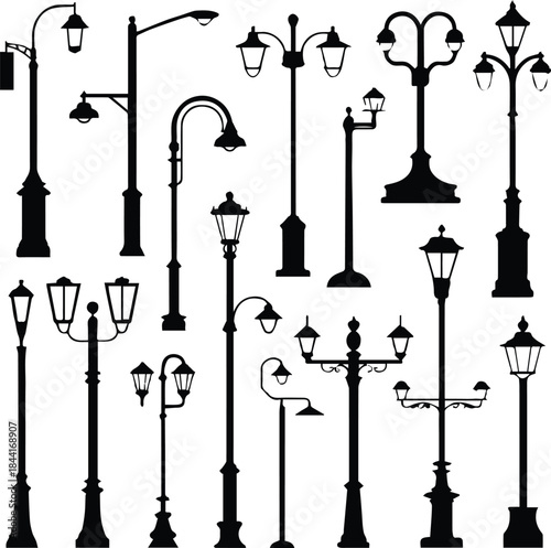 street lamp silhouette vector municipal lighting pole icon set