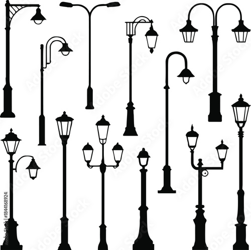 street lamp silhouette vector urban vintage modern isolated collection