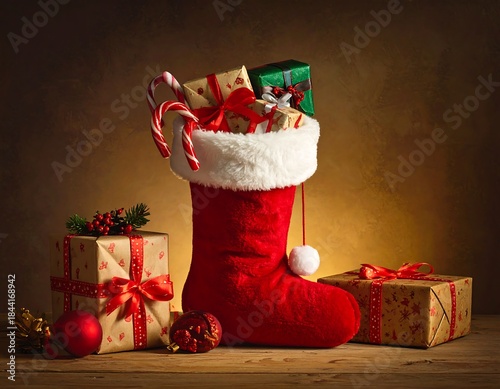 Wallpaper Mural Festive Christmas stocking overflowing with presents, candy canes, and ornaments Torontodigital.ca