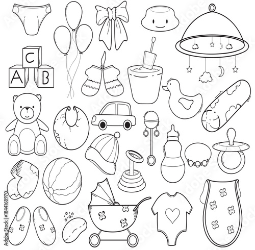 Hand Drawn Baby Icons Collection – Cute Doodle Newborn Items Vector Set