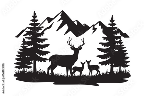 deer silhouette nature forest mountain antler wildlife pine tree vector