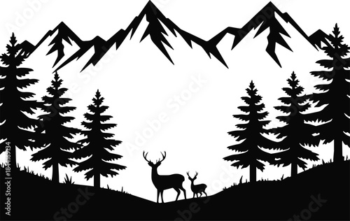 deer silhouette mountain forest antler nature wildlife pine tree vector