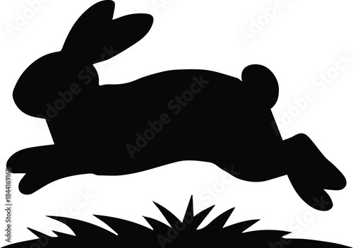rabbit silhouette jumping animal vector icon with grass and motion