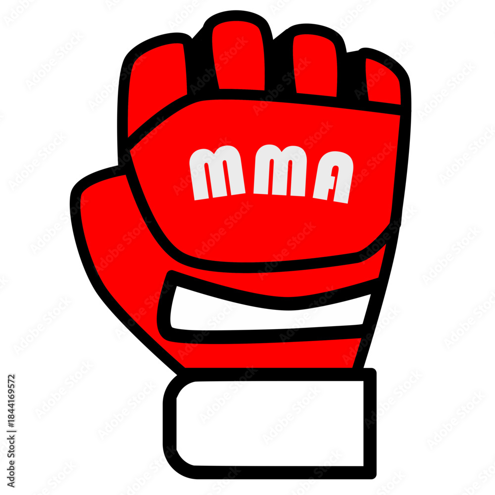 Fototapeta premium Bright red and black vector illustration of an MMA (Mixed Martial Arts) fighting glove with open fingers and a wrist strap, featuring the letters 'MMA'.