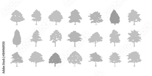 A collection of grayscale silhouettes depicting various tree shapes and sizes