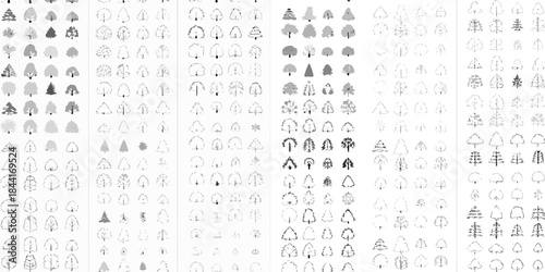 An array of diverse tree illustrations in a repeating pattern grayscale