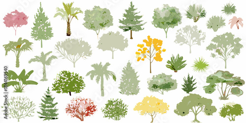 Collection of various stylized trees and foliage on a white background