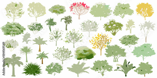 A colorful collection of diverse tree types and foliage arrangements