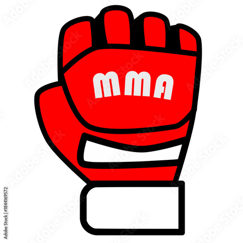 Bright red and black vector illustration of an MMA (Mixed Martial Arts) fighting glove with open fingers and a wrist strap, featuring the letters 'MMA'.