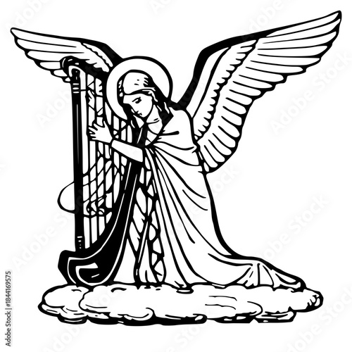Black vintage line drawing of a kneeling angel with a halo and large wings, playing a classical harp while resting on clouds.