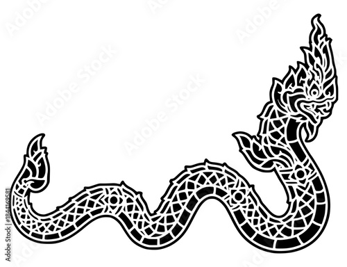 Black vector line drawing of a majestic Naga (mythical serpent) from Southeast Asian and Buddhist/Hindu folklore