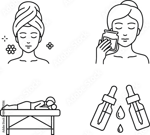 Spa wellness icons, facial treatment, massage therapy, skincare routine, essential oils, self-care concept, beauty relaxation, flat vector illustration