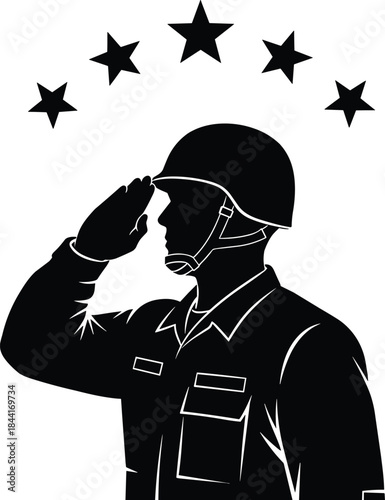 Soldier salute silhouette illustration, military respect honor symbol, armed forces service concept, patriotic uniform vector isolated white background