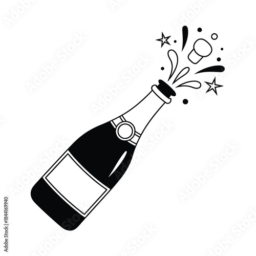 A festive illustration of a champagne bottle popping with celebratory sparkles