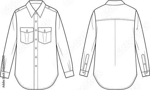 Technical fashion illustration of classic long sleeve button up shirt with chest pockets, front and back views, clean vector line art