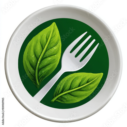 Artistic illustration of fresh green leaves and a white fork on a plate, symbolizing healthy eating and plant-based food, with a clean, modern style and vibrant green colors.
