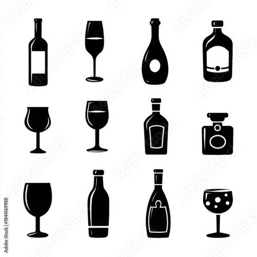 A collection of minimalist black and white icons featuring various wine, liquor bottles, and glasses, ideal for beverage branding, menu design, or bar-related projects.
