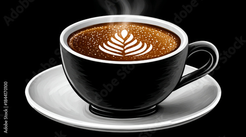 A digital illustration showcases a hot cappuccino with elegant latte art served in a black cup and saucer, creating a cozy and inviting café atmosphere against a minimalist dark backdrop.