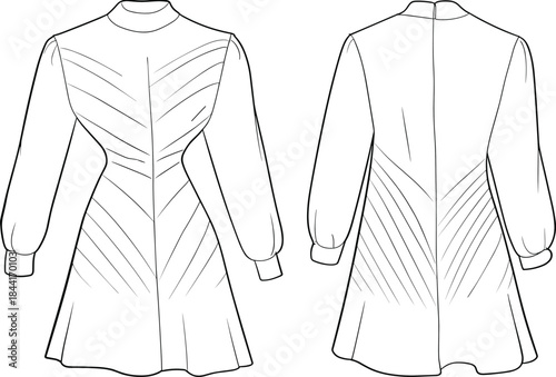 Technical fashion illustration of fitted long sleeve mini dress with seam detailing, front and back views, clean vector line art