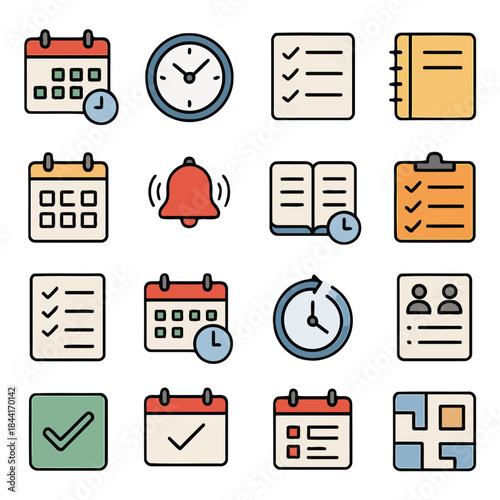Timely Tasks: A collection of icons representing essential elements for scheduling, deadlines, and time management. conveying organization and effective planning, these icons capture a sense of order.