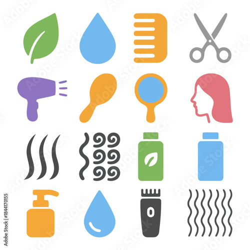Hair Care Icons: An artistic collection of icons showcasing essentials in hair care routine. from hair tools and products to water.