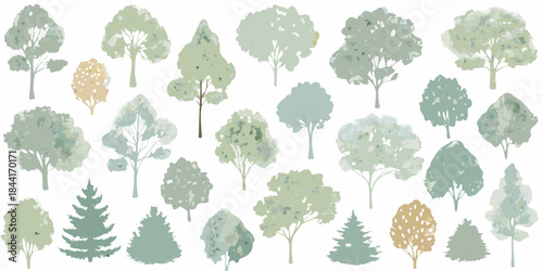 A collection of stylized trees in muted pastel shades and varying forms