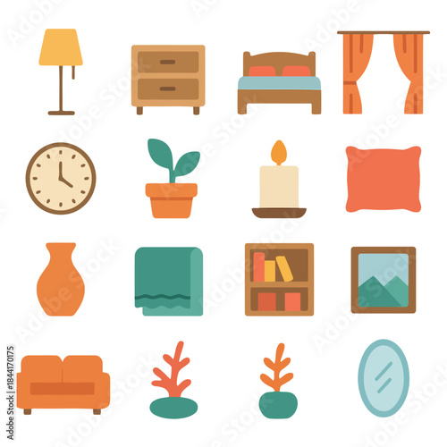 Cozy Home Decor Icons: A collection of simple, charming icons, each illustrating essential elements of home decor, ready to add a touch of warmth and personality.