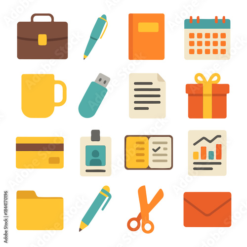 Office Supply Collection: An assorted collection of office essential items, neatly arranged, representing a versatile toolkit for any professional environment.