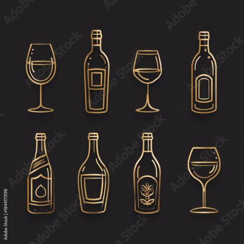 Elegant gold line art icons of wine bottles and glasses displayed on a black background, ideal for upscale branding, packaging, or festive invitations.