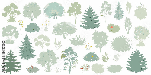 A collection of watercolor style trees and foliage on a white background