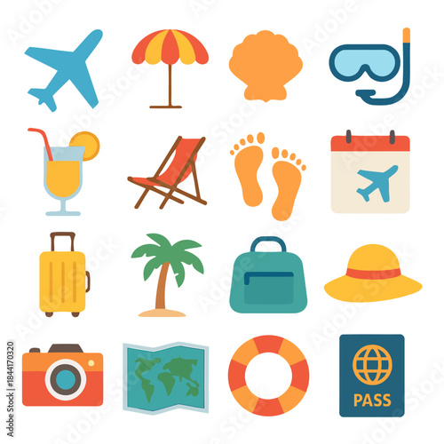 Travel Essentials Collection: An assortment of colorful icons representing the essential elements of travel. From the adventure to relaxation and everything in between.