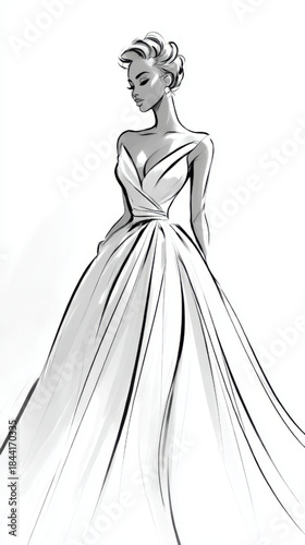 A stylish black and white fashion illustration of an elegant woman wearing a glamorous gown, exuding sophistication and grace, perfect for upscale design or bridal inspiration.