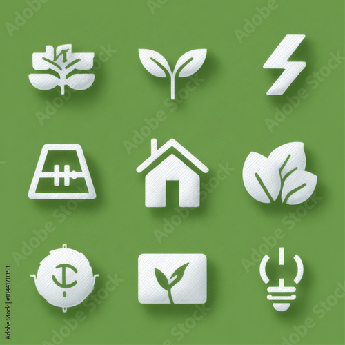 Minimalistic white eco-friendly icons featuring plants, energy, and sustainability themes, ideal for environmental, green energy, and eco home projects on a fresh green backdrop.