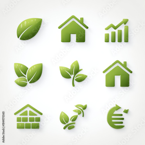 A collection of glossy green icons featuring leaves, houses, and growth symbols, representing sustainability, eco-friendly living, green business, and environmental concepts on a clean white backdrop.