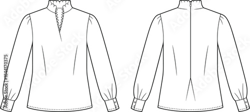 Technical fashion illustration of long sleeve blouse with ruffled high neck and lace detail, front and back views vector line art