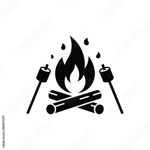 A simple black icon depicting a campfire with roasting marshmallows